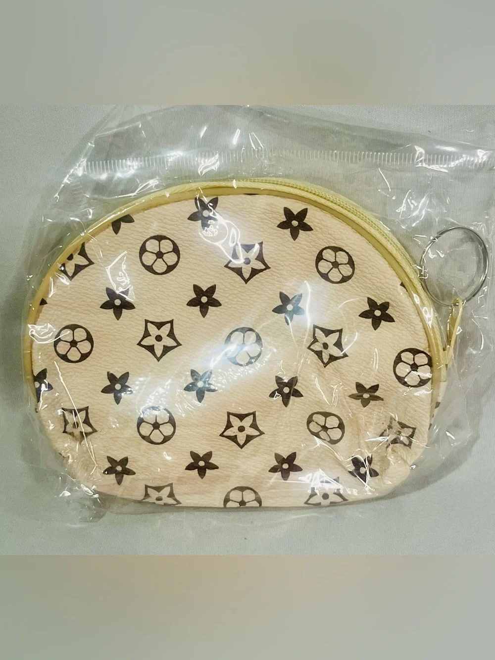 Beige Patterned Women's Coin Pouch with Key Ring